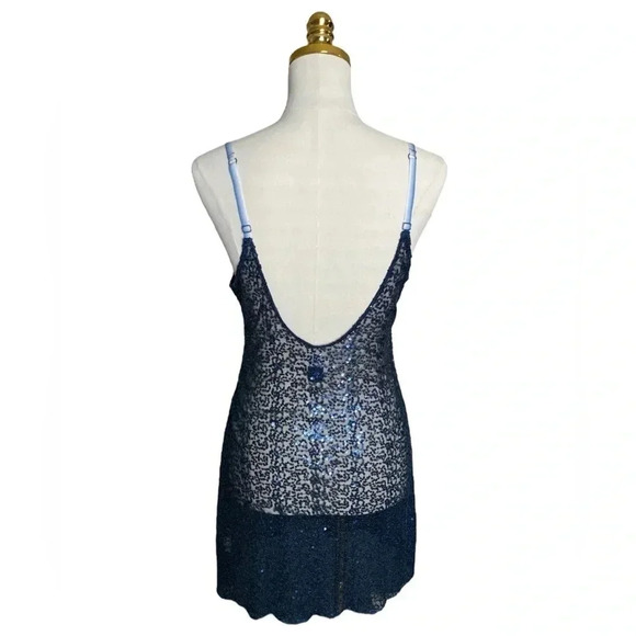 FREE PEOPLE | Intimately Blue Sparkly Sequin Embroidered Slip Mini Dress Size L - Picture 6 of 9
